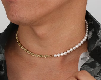 Mens Pearl Necklace - 18K Gold Rope Chain / Half Shell Pearl Chain Necklace - Mens Pearl Chain Bracelet - Mens Jewelry Gifts