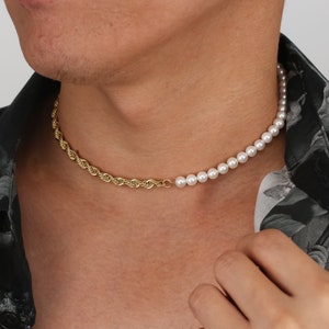 Mens Pearl Necklace 18K Gold Rope Chain / Half Shell Pearl Chain Necklace Mens Pearl Chain Bracelet Mens Jewelry Gifts Gold