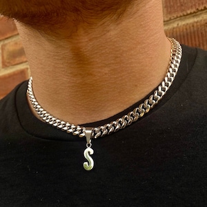 Collar para hombre, colgante de inicial de plata, gargantilla de plata, cadena gruesa de plata, dije personalizado, joyería para hombre, colgante de cadena tipo gargantilla.