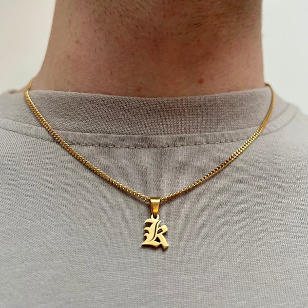 18K Gold Initial Necklace, Mens Chain Necklace With Initial, Mens Initial Necklace Chain, Old English Initial Necklace For Men- Mens Jewelry