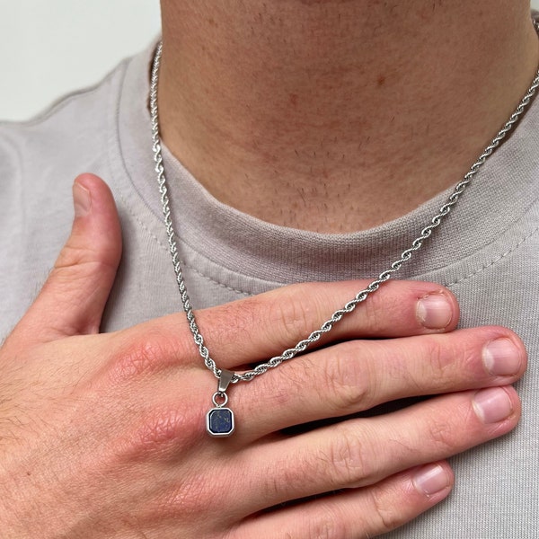 Mens Necklace - Mini Lapis Lazuli Silver Pendant Necklace For Men - Small Necklace Mens Jewelry, Minimalist Chain Pendant- By Twistedpendant