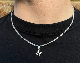Collar inicial de plata, collar de cadena de cuerda para hombre con inicial, cadena de collar inicial para hombre, regalos colgantes de letras del alfabeto de plata simple