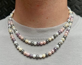 Mens Pearl Necklace Chain - Freshwater Pearl Necklace For Men / Women, Multi Colour Pearl Chain for Men - Mens Jewelry - By Twistedpendant