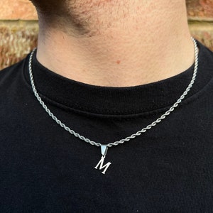 Silver Initial Necklace, Mens Rope Chain Necklace With Initial, Mens Initial Necklace Chain, Simple Silver Alphabet Letter Pendant Gifts