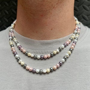 Mens Pearl Necklace Chain - 6MM Shell Pearl Necklace For Men / Women, Multi Colour Pearl Chain for Men - Mens Jewelry - By Twistedpendant