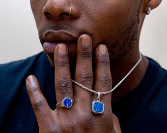 Heren ketting - Lapis Lazuli ketting voor mannen - Zilver / 18K Goud / Zwart hanger ketting - Heren sieraden - Zilveren ketting hanger - Heren cadeau