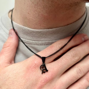 Mens Initial Necklace - Black Initial Necklace For Men / Women, Old English Letter Initial With Black Chain - Mens Jewelry By Twistedpendant
