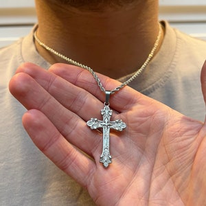 Mens Necklace - Vintage Silver Cross Necklace - Large Cross Necklace Men - Crucifix Pendant Necklace - Cross Chain Pendant - Mens Jewelry