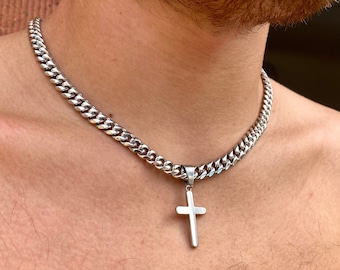 Mens Necklace, Silver Cross Pendant Men, Thick Silver Chain Cross Necklace Mens Jewelry, Crucifix Choker Chain Pendant By Twistedpendant