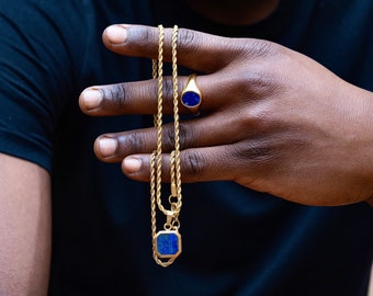 Mens Ring - Lapis Lazuli Signet Ring Men - Mens Necklace & Ring Gift Set - Blue Lapis Lazuli Pendant - Mens Pendant Necklace Gifts Jewellery