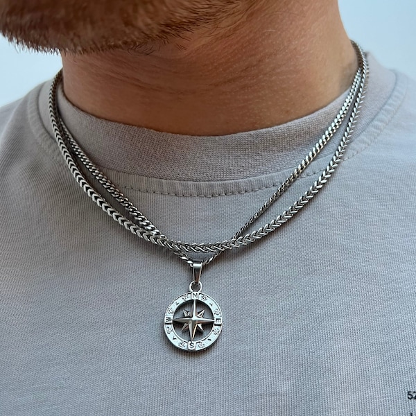 Silver Compass Necklace, Mens Necklace North Star Pendant Silver Chain Mens Gift Set Chain Silver Necklace  For Men - Mens Jewelry Gifts UK