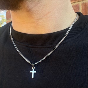 Silver Cross Necklace Men, Mens Cross Necklace For Men, Mens Necklace, Tiny Sterling Silver Cross Crucifix Pendant, Silver Cross Chain Man