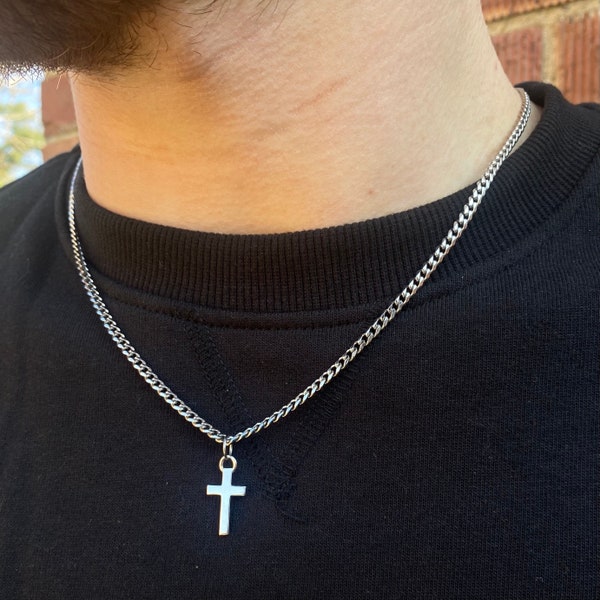 Silver Cross Necklace Men, Mens Cross Necklace For Men, Mens Necklace, Tiny Sterling Silver Cross Crucifix Pendant, Silver Cross Chain Man