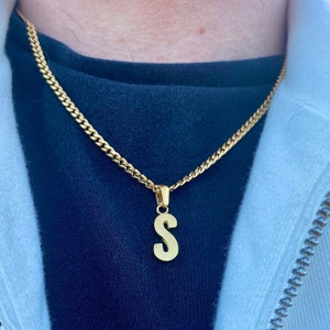 May include: A gold chain necklace with a gold letter 'S' pendant.