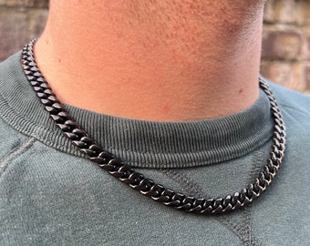 8mm Black Chain Necklace, Mens Thick Black Cuban Chain, Mens Black Chain, Black Necklaces, Silver Cuban Link Chain Men - By Twistedpendant