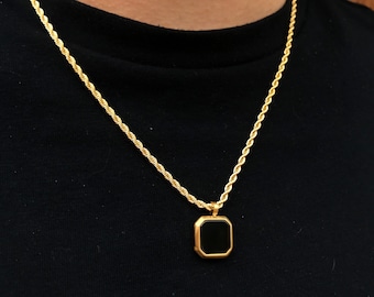 18K Gold Black Onyx Pendant Necklace - Mens Gold Necklace - Small Gold Gemstone Pendant Men - Gold Chain Pendant, Minimalist Mens Jewelry