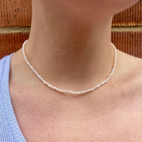 Zoetwaterparel ketting, parel choker ketting ketting, kleine parelketting, 3 mm mini parelketting voor vrouwen, zilveren parelketting voor haar