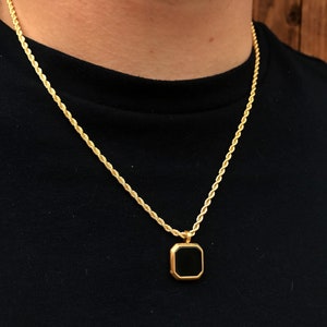 18K Gold Schwarzer Onyx Anhänger Halskette - Herren Goldkette - Kleiner Gold Edelstein Anhänger Herren - Goldketten Anhänger, Minimalistischer Herren Schmuck