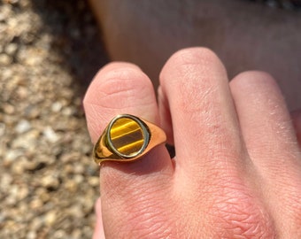 VINTAGE ヴィンテージ ボールド タイガーアイシグネット リング 指輪 メンズリング - タイガーアイ シグネットリング - 18K ゴールドメッキ