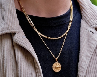 18k Gold Compass North Star Pendant Chain Mens Necklace Gold - Etsy