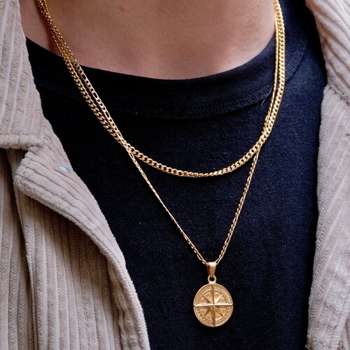 Mens Necklace 18K Gold Compass Necklace Gold Pendant Men Etsy
