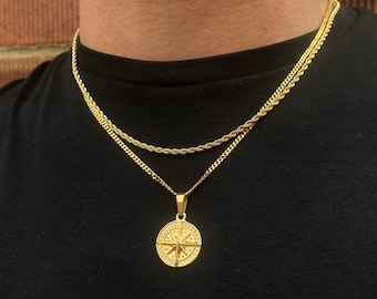 Mini 18K Gold Necklace, Mini Gold Compass Necklace for Men, North Star Pendant Mens Gold Necklace - Mens Gift Set 3mm Rope Chain & Compass