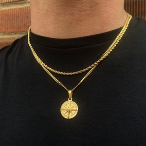 Mini 18K Gold Necklace, Mini Gold Compass Necklace for Men, North Star Pendant Mens Gold Necklace - Mens Gift Set 3mm Rope Chain & Compass