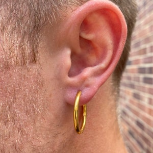 Mens Gold Hoop Earrings - Large Mens Hoop Earrings - 18K Gold Steel Hoop Earrings - 25mm Gold Hoops, Mens Jewelry Gifts - By Twistedpendant