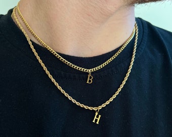 18K Gold Initial Necklace For Men / Women, Gold Necklace Chain Letter Pendant - 3mm Cuban Chain With Initial Pendant - Gifts For Him