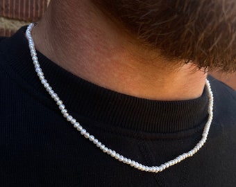 Pearl Necklace Men, Mens Freshwater Pearl Necklace Chain, Thin Pearl Chain Necklace for Men, Silver Chain, Mens Jewelry - By Twistedpendant