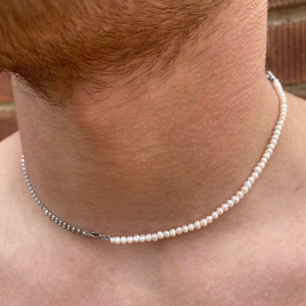 Mens Pearl Necklace, Freshwater Pearl Necklace Chain Men, Half Pearl Half Silver Chain Necklace Men, Mens Jewelry - By Twistedpendant