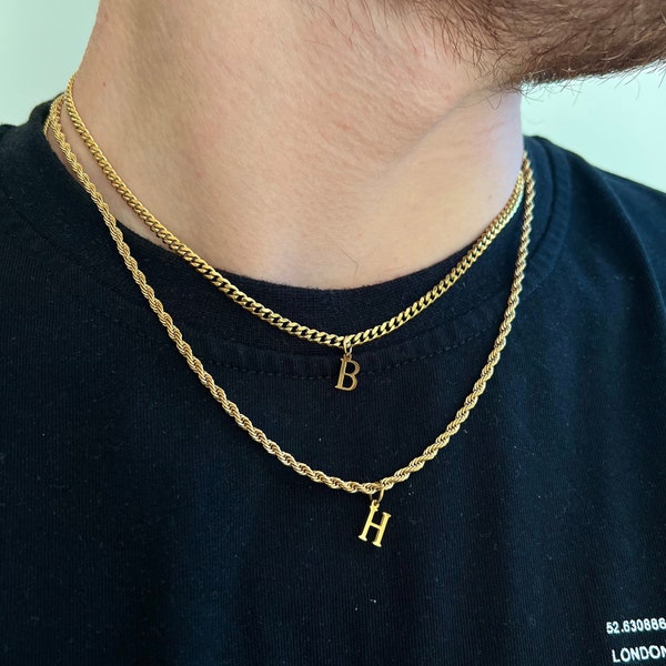 18K Gold Initial Necklace For Men / Women, Gold Necklace Chain Letter Pendant - 3mm Cuban Chain With Initial Pendant - Gifts For Him