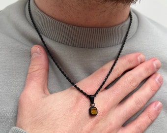 Mens Necklace - Mini Tigers Eye Black Pendant Necklace For Men - Small Necklace Mens Jewelry, Minimalist Chain Pendant - By Twistedpendant