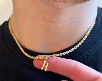 18K Gold Initial Necklace, Mens Rope Chain Necklace With Initial, Mens Initial Necklace Chain, Initial Necklace For Men - Mens Jewelry Gift