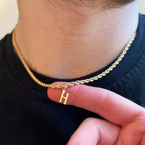 18K Gold Initial Necklace, Mens Rope Chain Necklace With Initial, Mens Initial Necklace Chain, Initial Necklace For Men - Mens Jewelry Gift