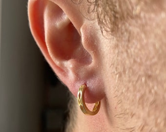 Mens Hoop Earrings - Mens Thick Gold Hoops, Mens Earrings 12mm/14mm, 18K Gold Hoop Earrings Men, Mens Jewelry Gifts UK - By Twistedpendant