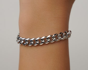 Silver Bracelet Chain, Chunky Silver Bracelets For Women- Women's Cuban Bracelet Link 18K Gold Chain Bracelet - Silver Chain Gift for Her