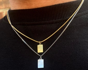 18k Gold Mens Necklace, Minimalist Tiny Gold Bar Pendant for