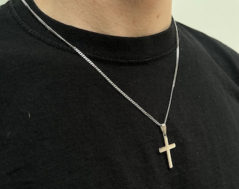 Mens Necklace - Silver Cross Pendant Necklace - Mens Cross Necklace - Silver Cross Chain Pendant - Cross Chain Minimalist Jewelry For Him UK