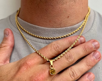 18K Gold Tigers Eye Pendant Necklace - Mens Gold Necklace - Mini Gold Gemstone Pendant Men - Gold Chain Pendant, Minimalist Mens Jewellery