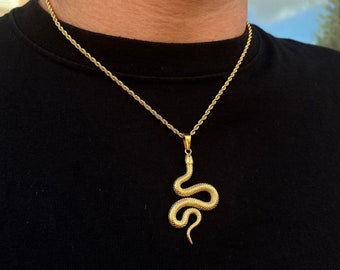 18K Gold Necklace, Gold Snake Pendant Necklace, Mens Chain Snake Pendant Mens Vintage Serpent Necklace Gold Necklace- By Twistedpendant