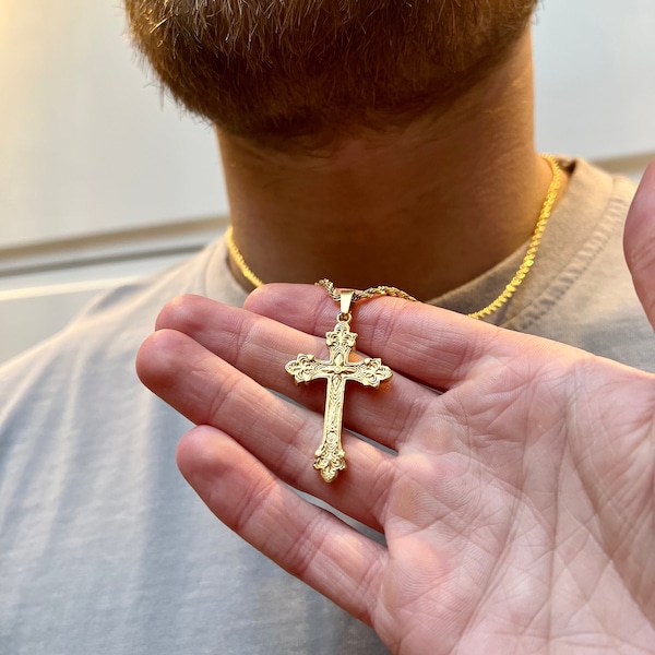 Mens Necklace - Vintage Gold Cross Necklace - Large Cross Necklace Men - Crucifix Pendant Necklace - Gold Cross Chain Pendant - Mens Jewelry