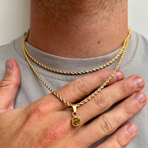 18K Gold Tigers Eye Pendant Necklace - Mens Gold Necklace - Mini Gold Gemstone Pendant Men - Gold Chain Pendant, Minimalist Mens Jewellery