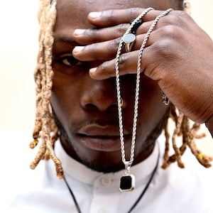 Collier homme - Collier pendentif en onyx noir - Collier bijoux pour homme pour homme - Pendentif en argent pour homme - Parures - Par pendentif torsadé