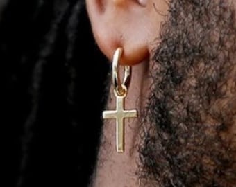 18K Gold Cross Dangle Earrings - Drop Cross Hoop Earrings - Mens Earrings - Mens Gold Cross Dangle Earrings, Mens Jewelry By Twistedpendant