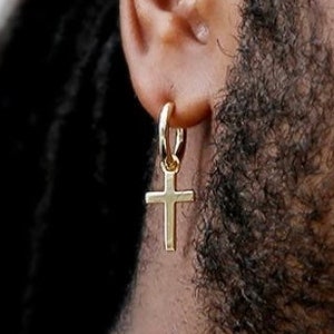18K Gold Cross Dangle Earrings - Drop Cross Hoop Earrings - Mens Earrings - Mens Gold Cross Dangle Earrings, Mens Jewelry By Twistedpendant