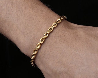 18K Gold Bracelet 5mm Twisted Rope Bracelet, Mens Bracelet Chain- 5mm Thick Gold Bracelet Chain For Men, Mens Silver Bracelets, Mens Jewelry