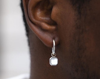 Mens Earrings - Pearl Dangle Earrings For Men - Silver Dangle Earrings- Minimalist Drop Earring With Gemstone Mens Jewelry By Twistedpendant