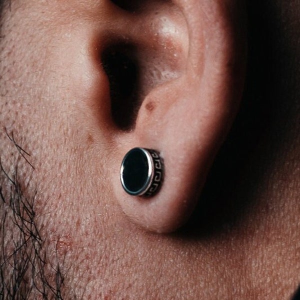 Mens Earrings, Mens Stud Earrings, Black Stud Earrings, 6mm Detailed Silver Stud Earrings Man - Mens Jewelry Gifts Earrings - Twistedpendant