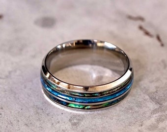 Mens Ring Fire Opal Men's Stainless Steel Ring Blue Shell Ring Blue Opal Ring Band Rings Men Couples Promise Ring Signet Ring Jewelry